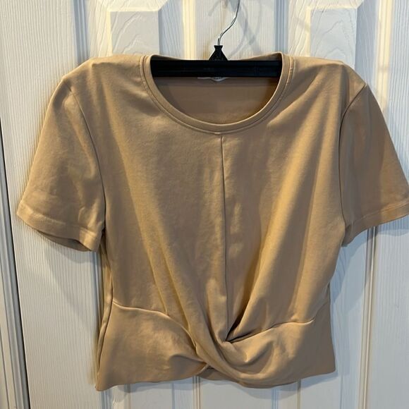 ZARA Tan Short Sleeve Cropped Cotton Blend Top with Front Knot Accent- Large - Picture 2 of 13